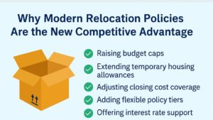 Infographic on why modern relocation policies are the new competitive advantage, showing strategies such as raising budget caps, extending temporary housing allowances, adjusting closing cost coverage, adding flexible policy tiers, and offering interest rate support.